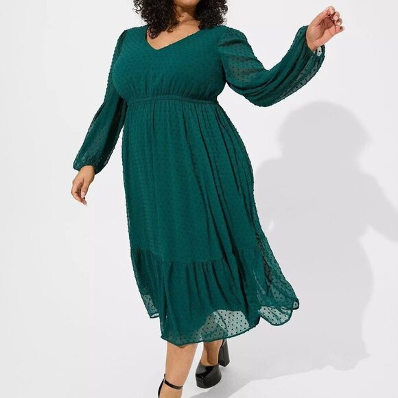 NWT Torrid Green Tea Length Clip Dot Open Back A-Line Dress in Size 2 - 18/20 - Picture 1 of 6